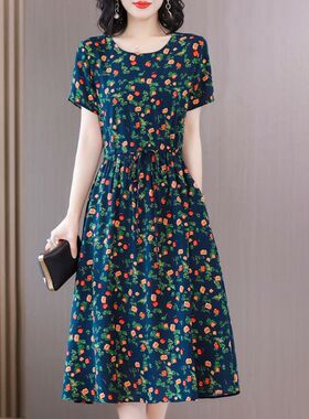 棉绸连衣裙外穿中长款收腰妈妈夏装人造棉裙子女棉绸裙有口袋百搭