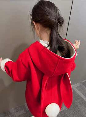 女童红色兔耳朵双面毛呢大衣加绒加厚秋冬儿童洋气本命年呢子外套