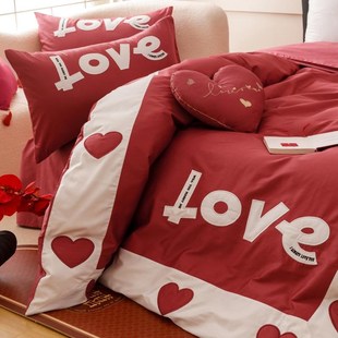 喜庆风酒红色全棉长绒棉四件套少女心结婚被套纯棉床单陪嫁2m床品
