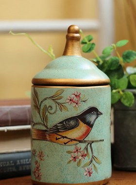 法式乡村做旧花鸟带盖收纳罐储物瓶桌面摆件家居饰品陶瓷装饰工艺
