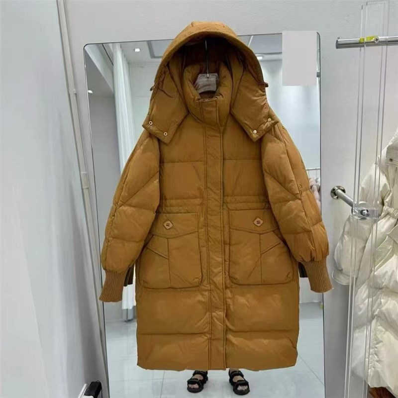 冬季加厚保暖过膝羽绒服女纯色中长款宽松百搭螺纹袖外套C44