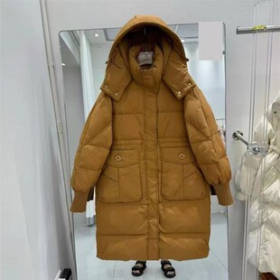 冬季加厚保暖过膝羽绒服女纯色中长款宽松百搭螺纹袖外套C44