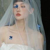 头纱新娘主婚纱中长款 蓝色花朵高级感头饰超仙森系韩式 头纱样片白