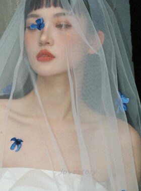 头纱新娘主婚纱中长款蓝色花朵高级感头饰超仙森系韩式头纱样片白