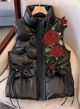 花朵羽绒棉马甲女外穿美拉德秋冬亮面2023新款短款立领坎肩外套潮