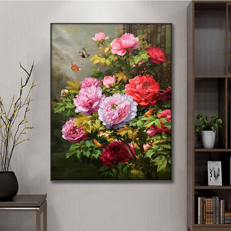 新中式玄关牡丹花卉竖版纯手绘油画客厅走廊过道装饰画别墅挂画