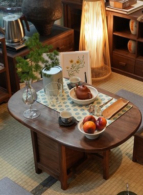 白驹格物新中式黑胡桃木小圆桌y可折叠茶桌移动飘窗圆茶桌榻榻米