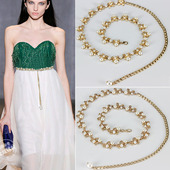 饰连衣裙甜美镶钻金属链条韩版 珍珠腰链女士时尚 百搭腰带装 裙带新