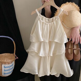 女童海边度假风吊带连衣裙高级感夏季2024新款Q儿童吊带裙白色洋