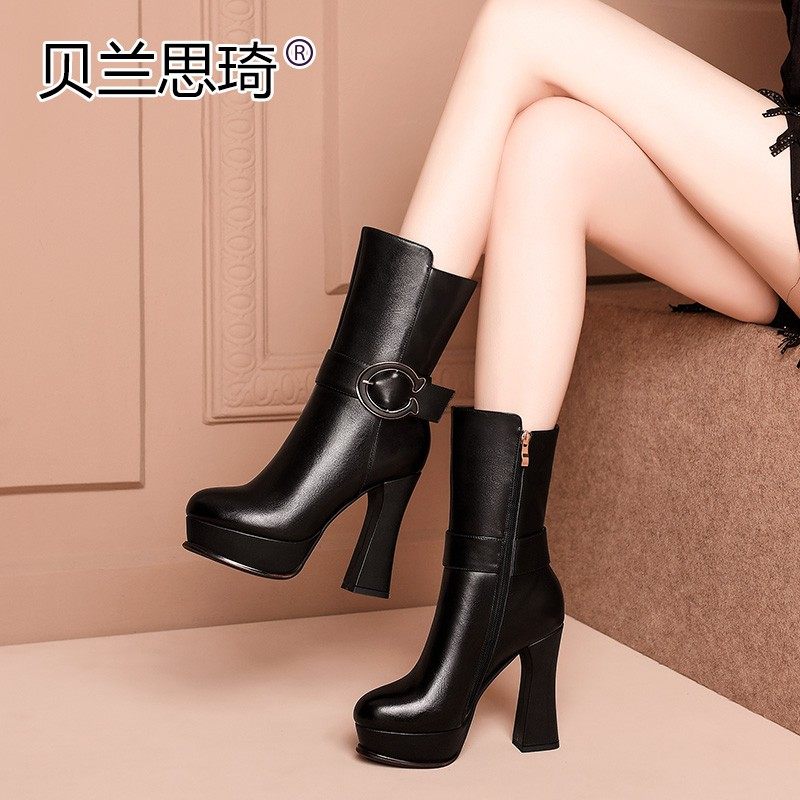 真皮防水台粗跟中筒靴秋冬季新款加绒女鞋厚底高跟不过膝半高靴,女鞋,时装靴,淘宝优惠券,粉丝福利购,淘宝优惠卷