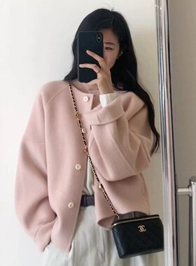 温柔风粉色毛呢外套女春秋新款高级感小个子宽松显瘦短款呢子大衣