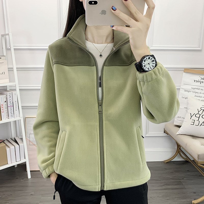 户外运动秋冬季抗静电抓绒衣女立领防寒保暖加绒加厚开衫外套卫衣