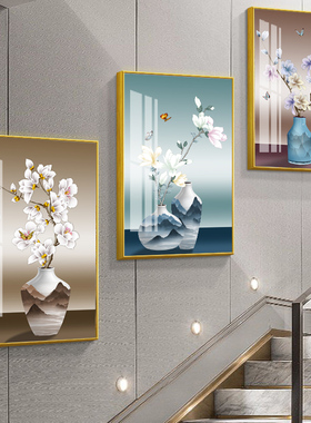 中式花瓶楼梯口间装饰画楼道三联挂画客厅玄关走廊复式过道墙壁画