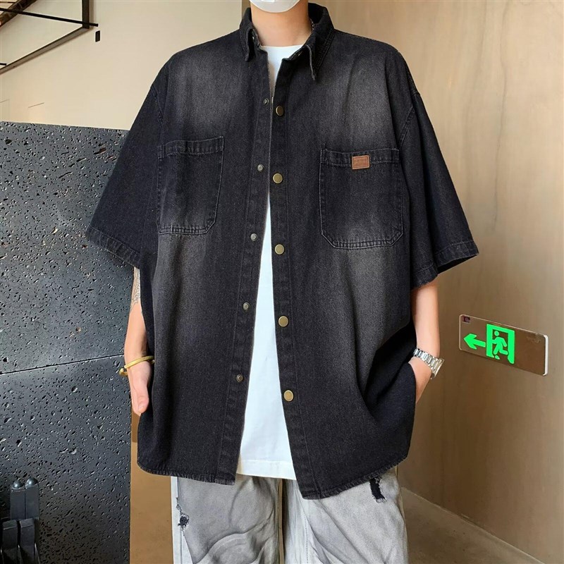 美式潮牌小众复古洗水泥染牛仔衬衫男夏季薄款短袖日系宽松休闲潮