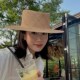 韩国夏天法式 复古宽檐宝草平顶礼帽潮女遮阳度假沙滩系带光板草帽