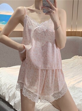 冰丝睡衣女夏款网红风吊带短裤两件套雪纺家居服小个子甜美纯欲风