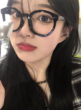 黑色粗框素e颜新款韩国文艺夏日懒人凹造型平光眼镜框女大圆脸显