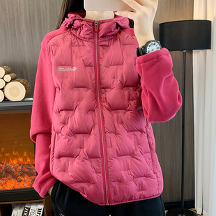 奥粒绒拼羽绒秋冬户外休闲抓绒衣女F羽绒服加厚保暖连帽开衫外套