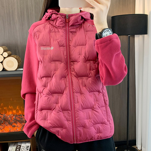 奥粒绒拼羽绒秋冬户外休闲抓绒衣女F羽绒服加厚保暖连帽开衫外套