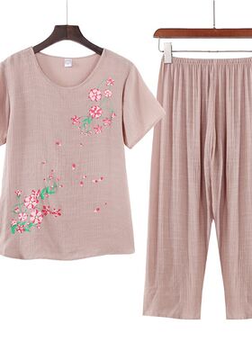 薄款丝麻两件套衣服夏季60老年妈妈休闲短袖女70太婆套装80岁奶奶
