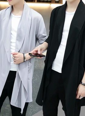 春夏季中长风衣男韩版长款过膝修身帅气学生青年潮流薄款披风外套