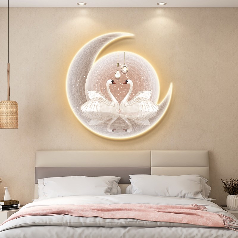 轻奢现代卧室装饰画高级感天鹅主卧房间床头背景墙挂画led灯壁画