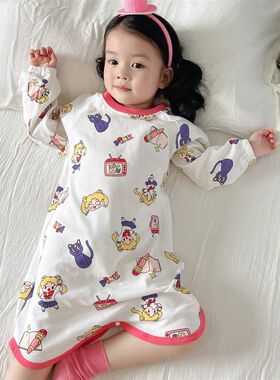 女童甜美可爱睡衣美少女长袖纯棉睡裙男童卡通长T款睡袍儿童家居
