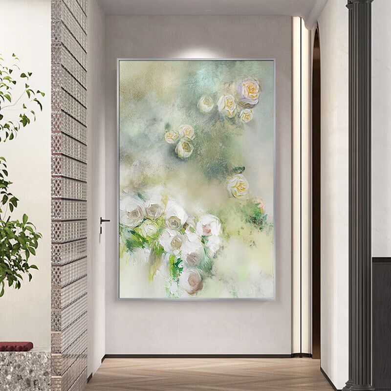 欧式玄关牡丹纯手绘油画酒店客厅抽象花卉肌理画古典艺术装饰挂画