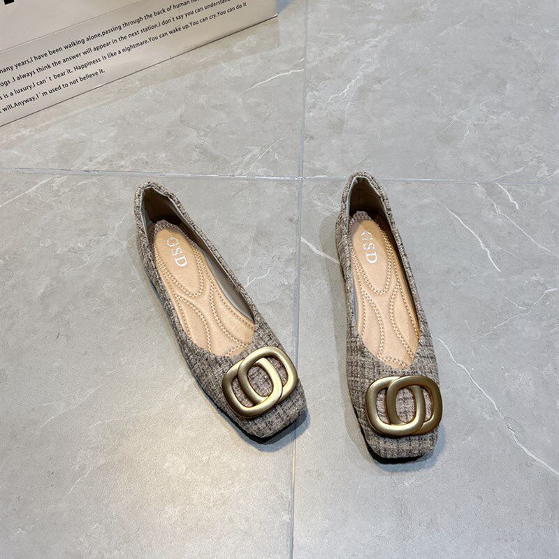 单鞋女2024新款春季平底浅口方头法式复古圆扣豆豆鞋布面显瘦女鞋,女鞋,浅口单鞋,淘宝优惠券,粉丝福利购,淘宝优惠卷