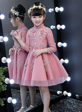 女童粉色公主g裙花童婚纱儿童生日小主持人钢琴礼服时尚演出服秋