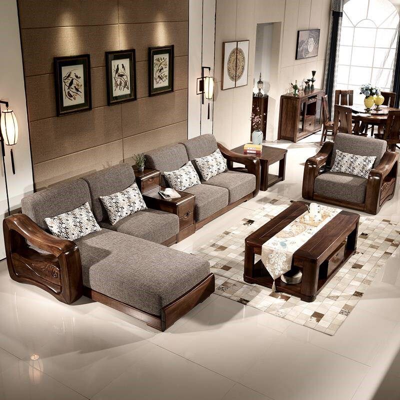 黑胡桃木沙发全实木纯原木现代中式组合贵妃小户型布艺新中式家具