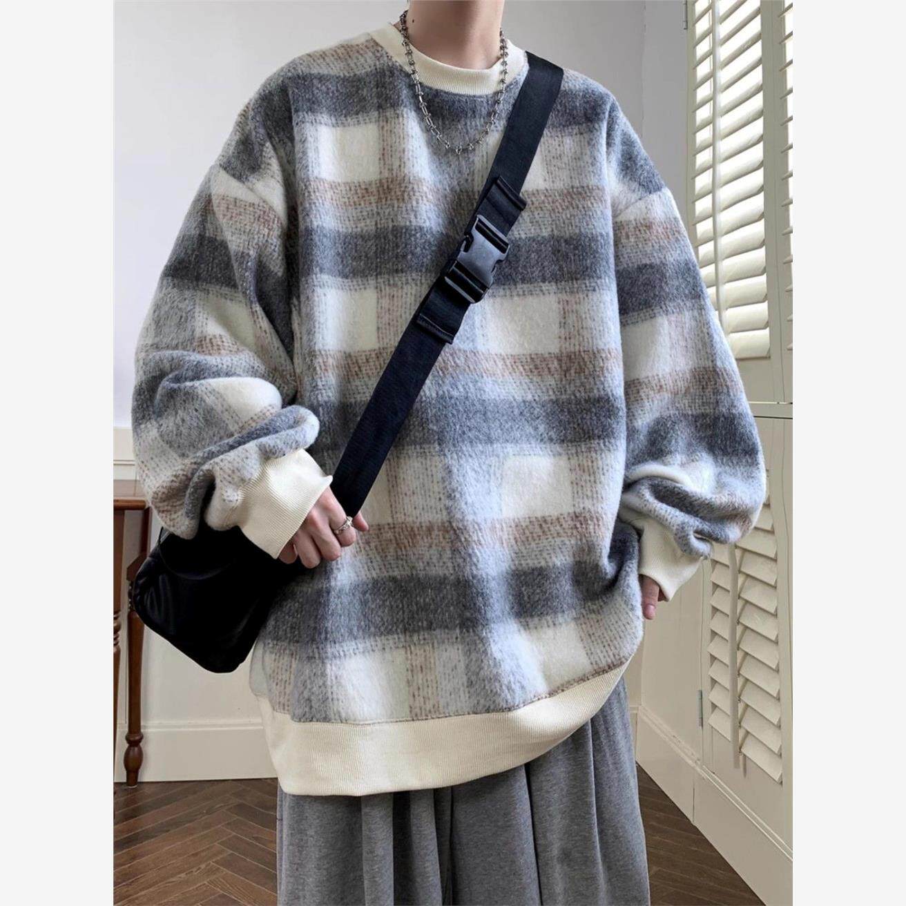毛呢圆领卫衣男秋季潮牌男装美式上衣服2024新款男生秋冬毛衣外套
