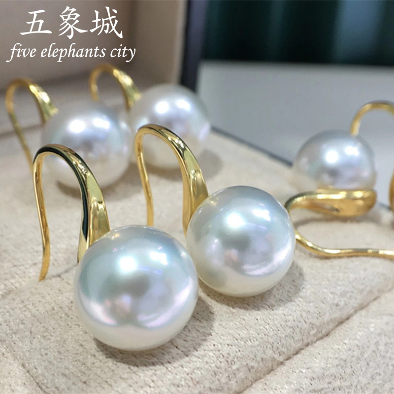 澳洲天然南洋白珠高跟鞋耳钩海水珍珠耳环18K金正圆强光百搭
