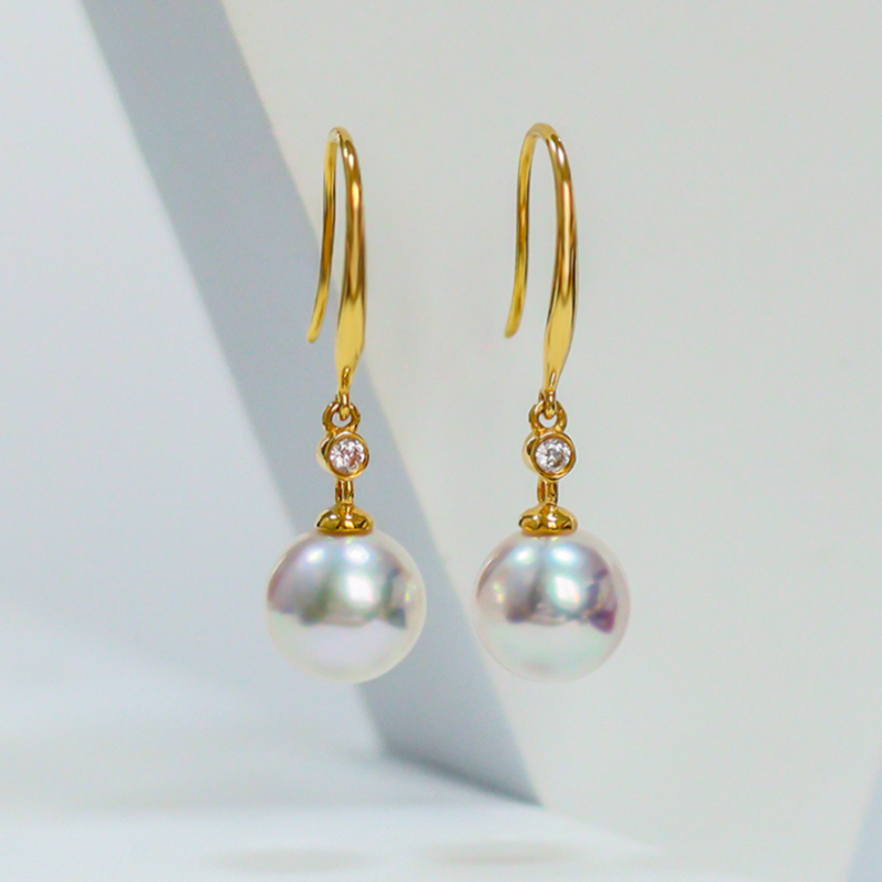 日本akoya天然海水珍珠耳环耳饰18K金耳钩耳坠天女级正圆强光女