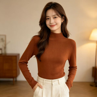 焦糖色百搭秋冬毛衫内搭半高领时尚打底针织衫女保暖长袖毛衣上衣