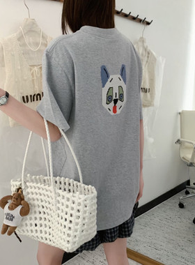 2026早春新款字母刺绣花熊猫咪狗头圆领短袖T恤女士棉质半袖上衣