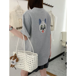 上衣 T恤女士棉质半袖 2026早春新款 字母刺绣花熊猫咪狗头圆领短袖