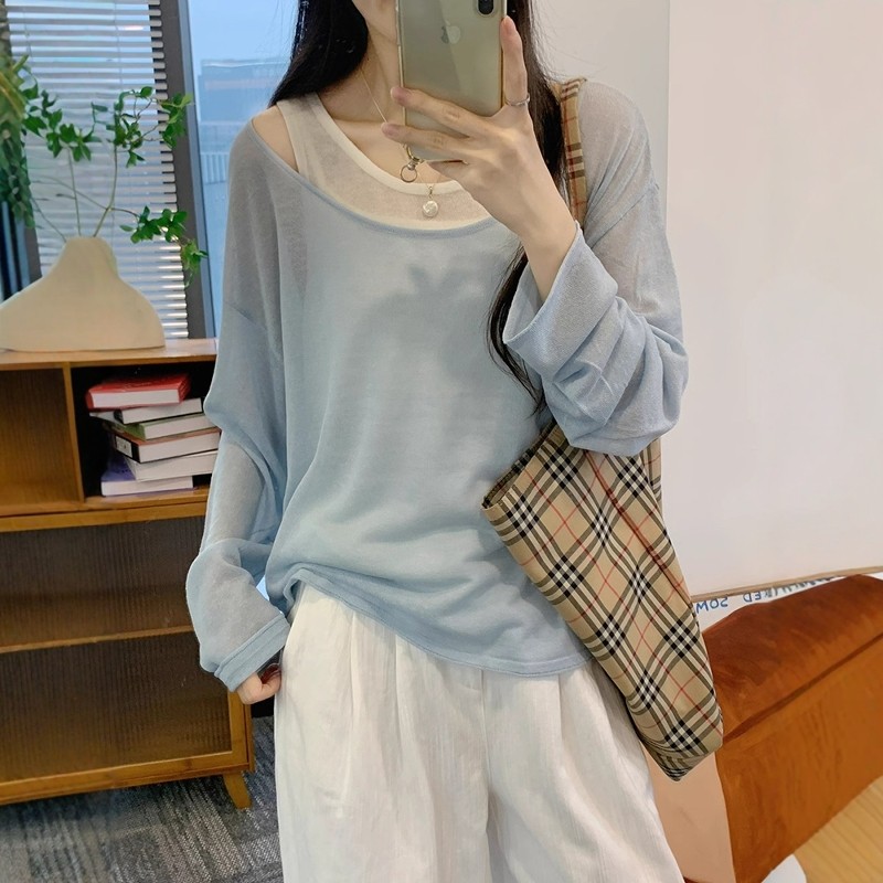 蓝色两件套冰丝针织衫防晒罩衫女