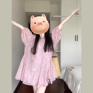 小个子短裙 代购 sly粉色碎花短袖 连衣裙女夏季 海边度假显瘦泡泡袖