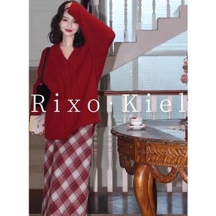 法国Rixo 女 kiel复古套头V领宽松红色麻花加厚外穿内搭毛衣针织衫