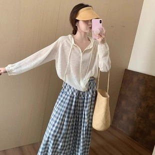 宽松防晒长袖 代购 薄款 sly白色连帽冰丝针织开衫 上衣 外套女夏季