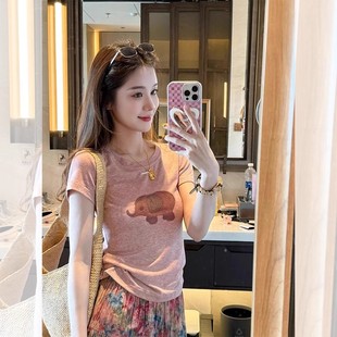 显瘦短款 代购 小个子修身 sly粉色小象印花正肩短袖 上衣 T恤女夏季