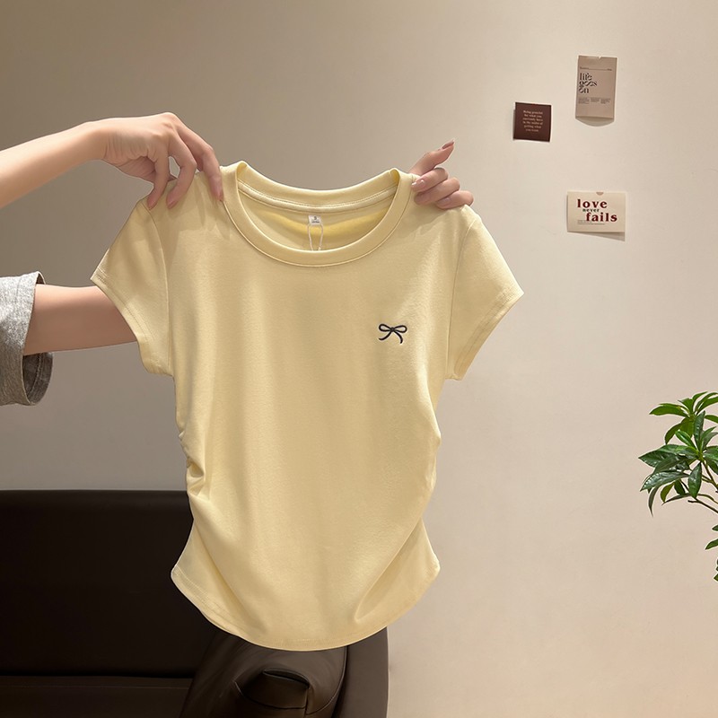 代购sly圆领正肩显白短袖t恤女夏季新款修身褶皱收腰显瘦短款上衣