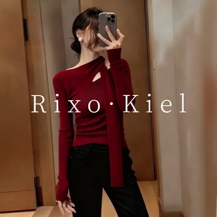 毛衣打底衫 女秋冬修身 上衣 kiel圣诞红色镂空飘带针织衫 法国Rixo