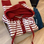 女2026秋冬季 法国Rixo kiel红色连帽条纹针织开衫 宽松毛衣外套