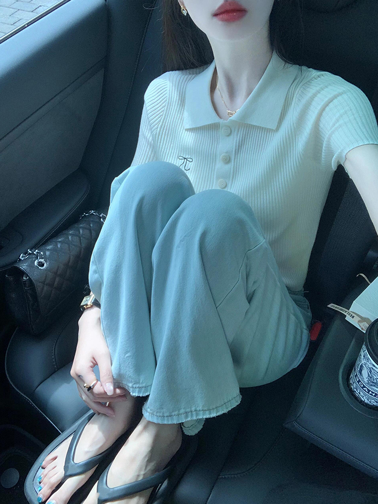 SLY法式polo领刺绣正肩短袖T恤女