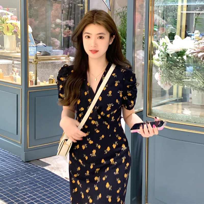 SLY碎花连衣裙女法式V领长裙子