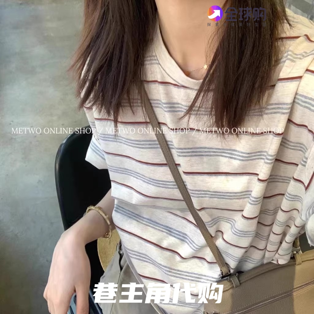 日本代购复古条纹圆领短袖t恤女夏季新款宽松显瘦半袖体恤上衣