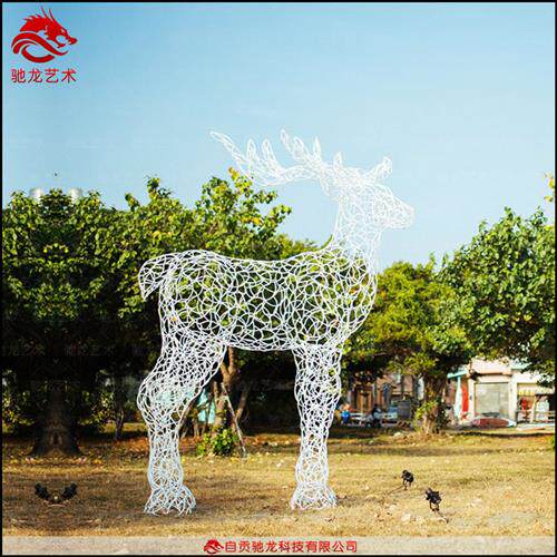 镂空抽象金属鹿雕塑铁艺不锈钢网格编织美陈景观雕塑光雕彩灯摆件