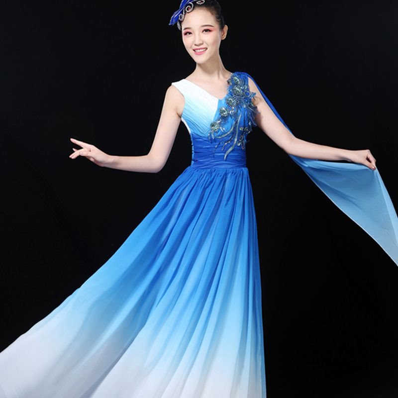 潮款大合唱团演出服女长裙中国风独唱服装演出服女